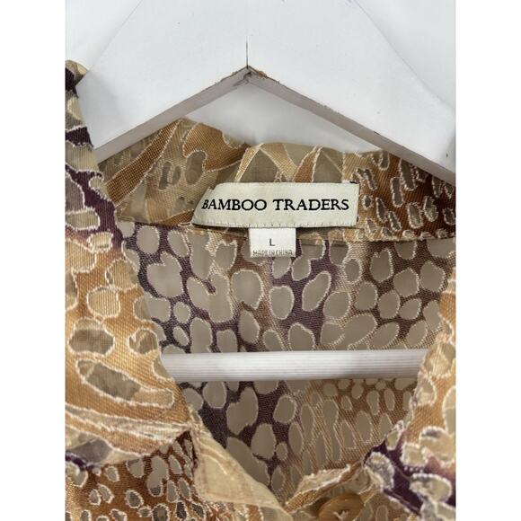 Bamboo Traders Button Up Shirt Womens Large Gold Brown Sheer Flax Animal Print - Picture 5 of 16